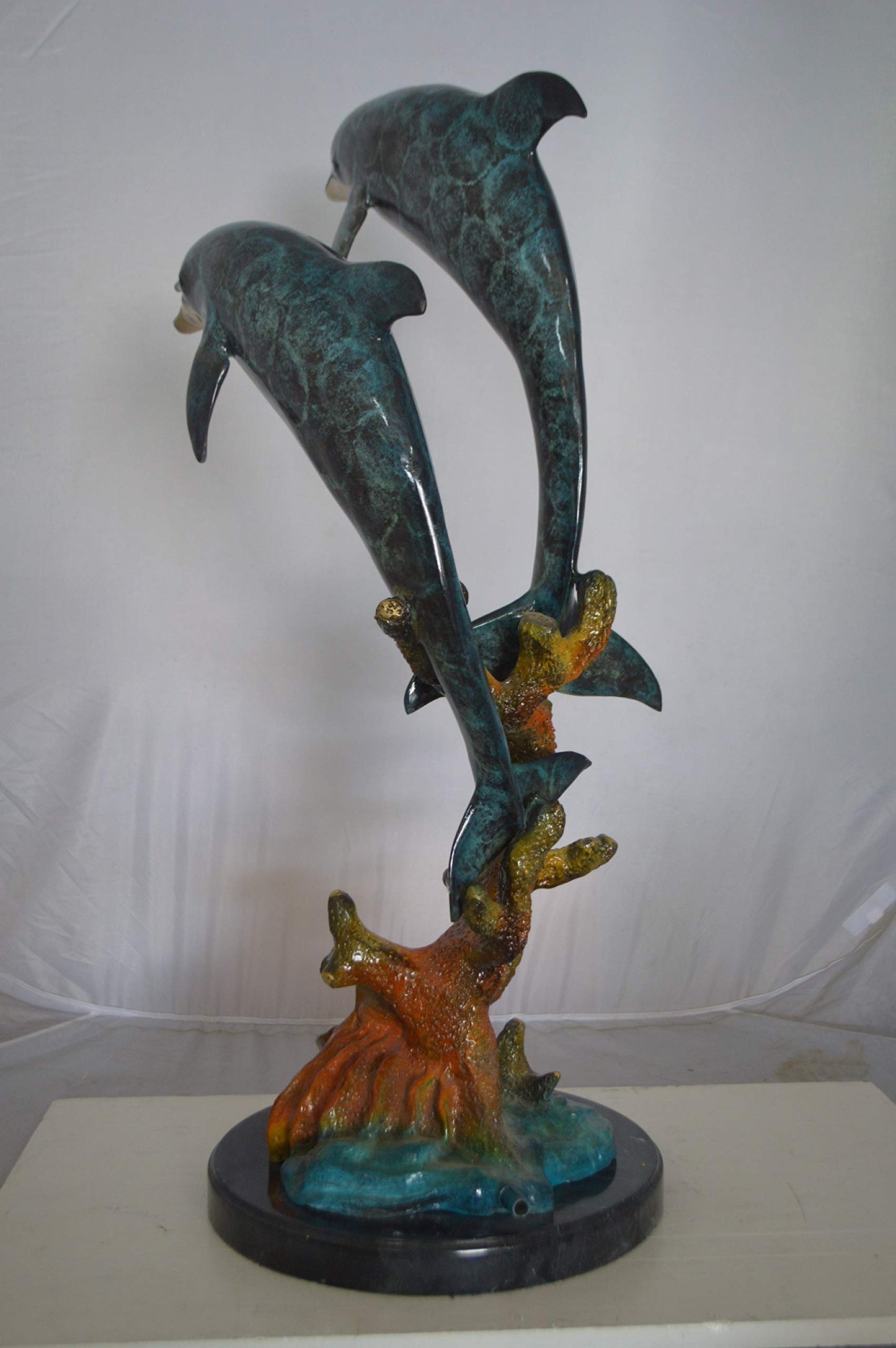 Two Dolphins fountain Bronze Statue on a marble -  Size: 19"L x 15"W x 36"H.