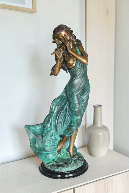 Musical Girl Bronze Statue -  Size: 8"L x 7"W x 19"H.