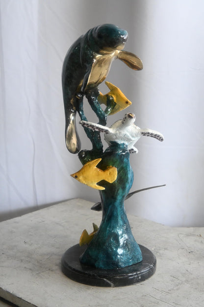 Manatee with Sea Turtle and Fish Bronze Sculpture 9"x9"x20"H
