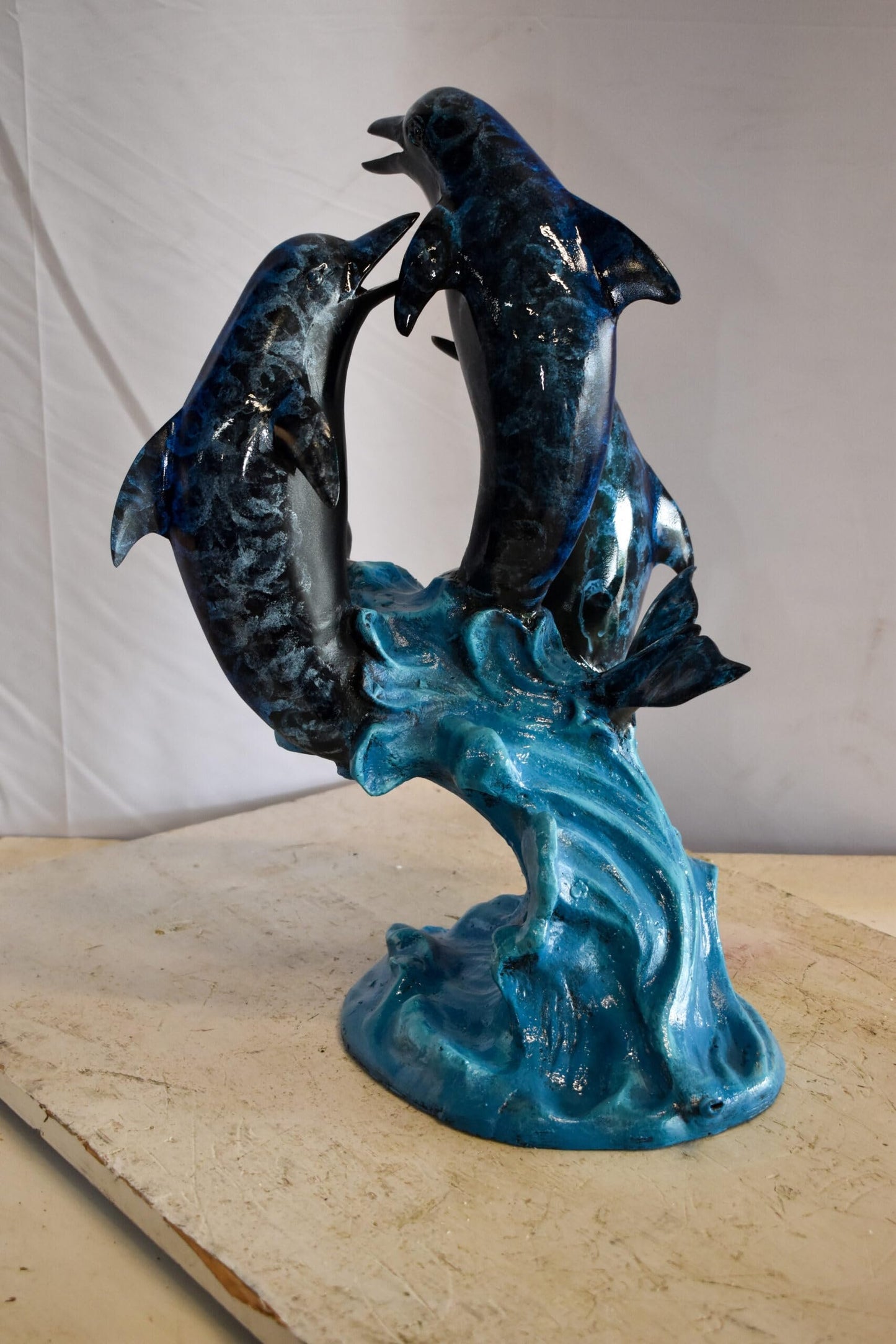 Pod of Dolphins Playfully On A Wave Resin Statue, Fountain 15" x 14" x 20"H