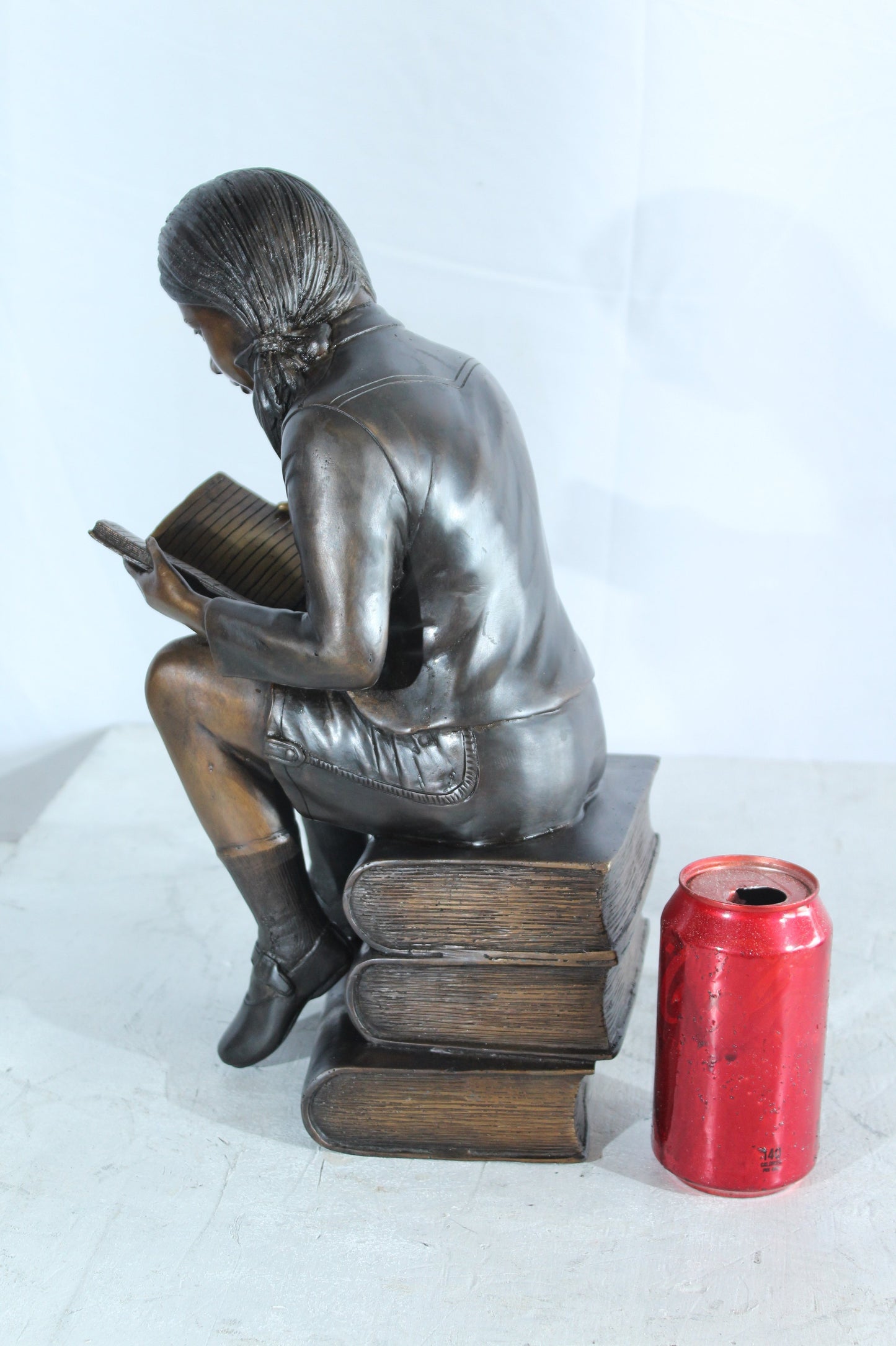 NIFAO Bronze Girl Reading Statue on Book Stack Library Sculpture Art 8" x 6" x 15"H