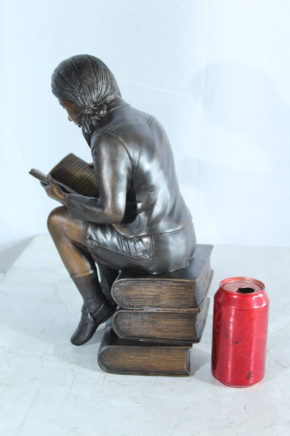 NIFAO Bronze Girl Reading Statue on Book Stack Library Sculpture Art 8" x 6" x 15"H