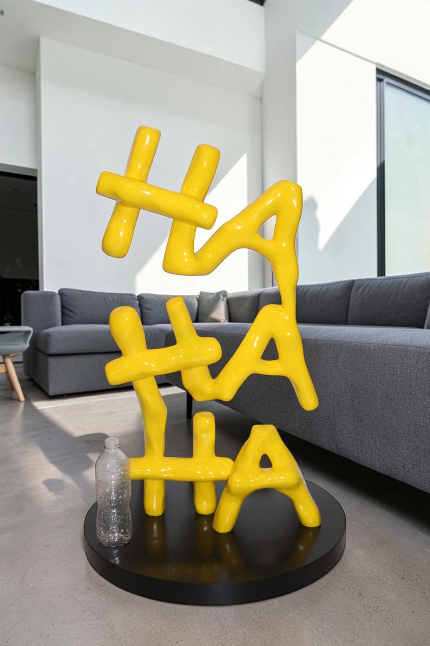 Yellow Pastel HA HA HA Resin Statue on Black Metal Base 20" x 20" x 31"H