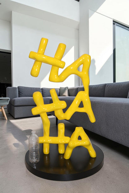 Yellow Pastel HA HA HA Resin Statue on Black Metal Base 20" x 20" x 31"H