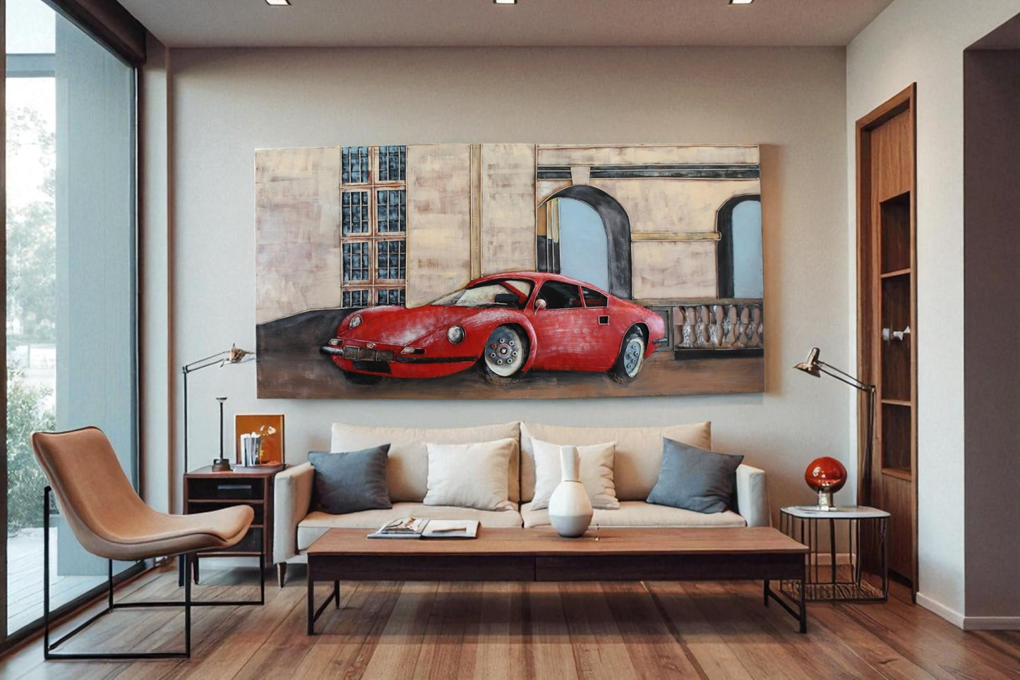 NIFAO Ferrari Dino Inspired Red Sports Car 3D Metal Wall Art 79" x 2" x 40"H