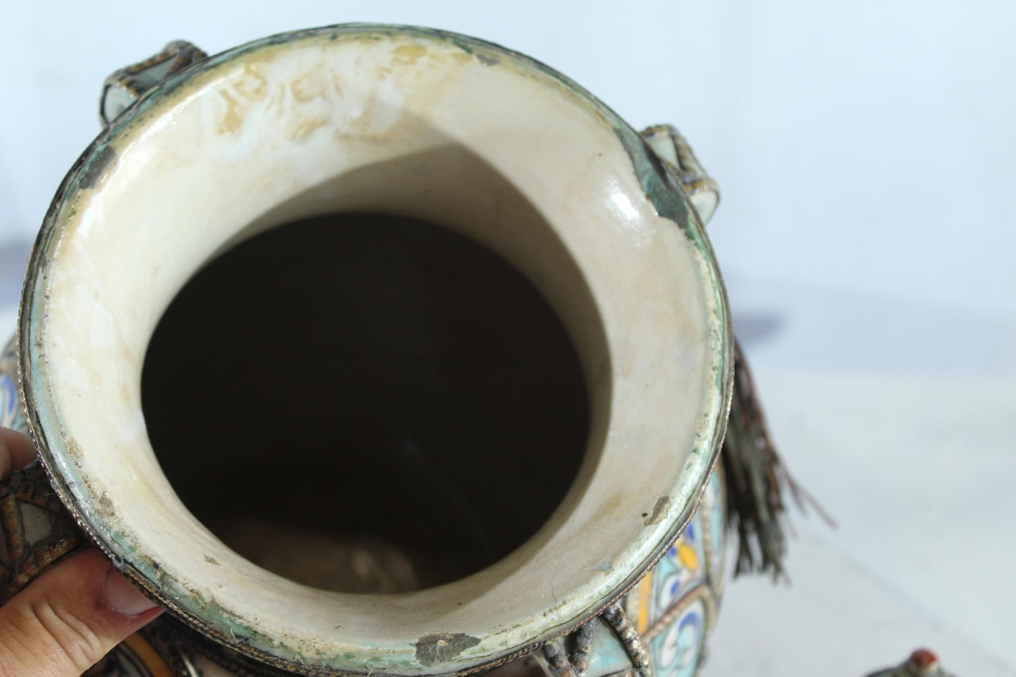 Handcrafted Ceramic Lidded Jar with Tassels and Metal Inlay 10" x 10" x 18"H
