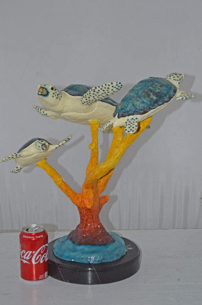 Three Turtles swimming around Corals Bronze Statue - Size: 17"L x 15"W x 19"H.