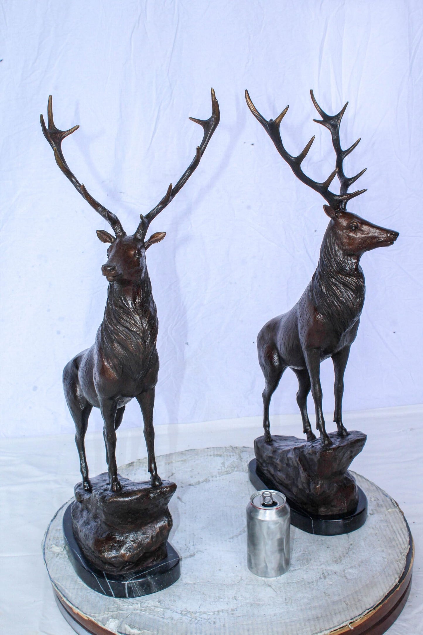Pair of Bronze Deer Stag Statues Standing on Rock Base 14" x 10" x 28"H