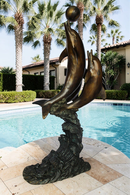 Three Dolphins Performing with Beach Ball Giant Bronze Fountain 41" x 27" x 91"H
