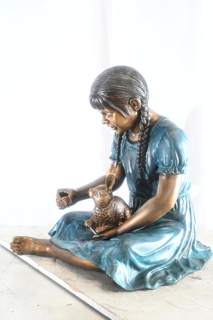 Bronze Braided Girl Feeding Rabbit Blue Patina Sculpture 24"x20"x24"H