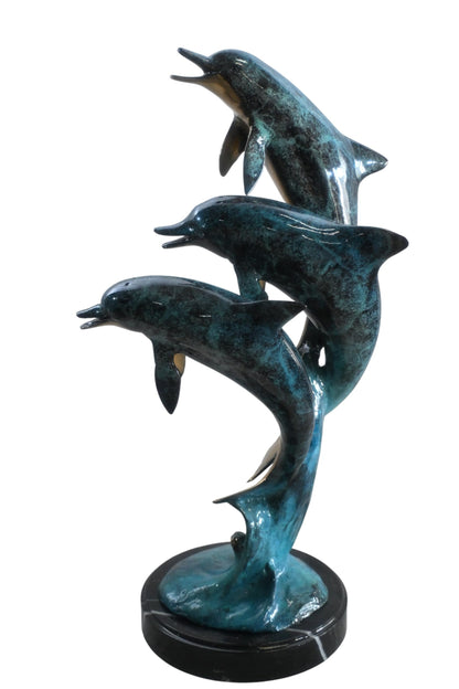 Bronze Dolphin Trio Sculpture Ocean Wave Statue 14"x11"x24"H