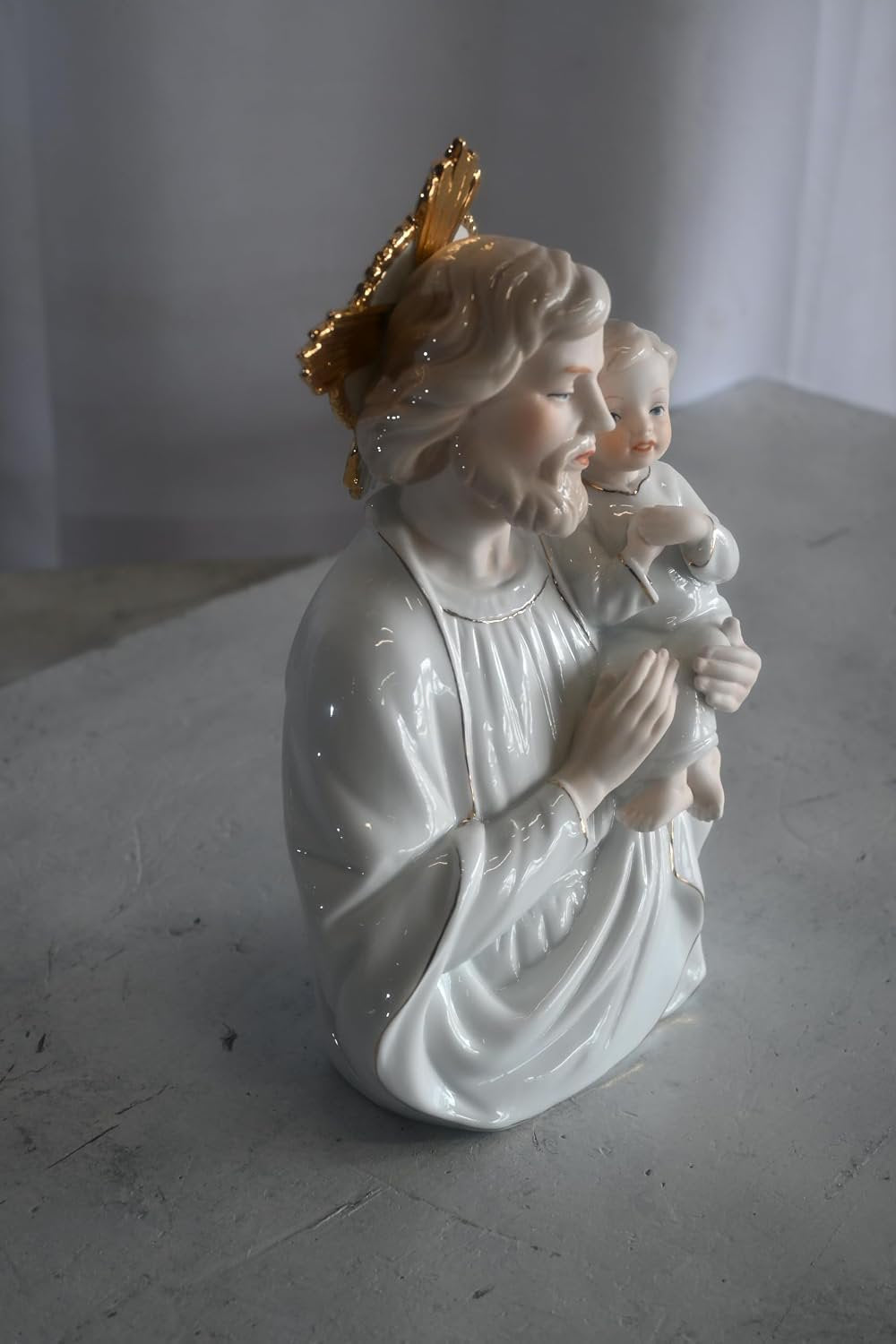 Porcelain Saint Joseph and Christ Child Gold Halo Statue 6"x4"x9"H