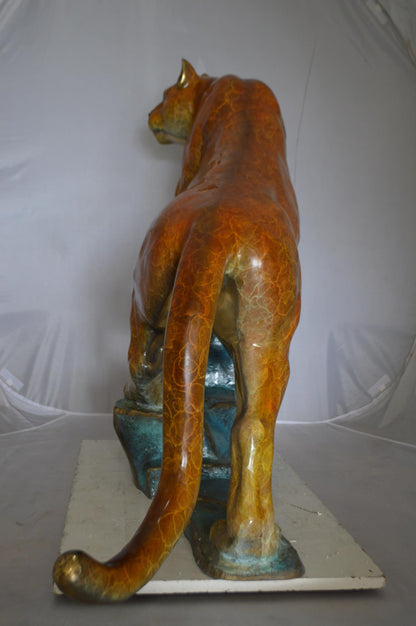 Bronze Mountain Lion Statue on Rock Ledge Large Cougar 55"x20"x40"H