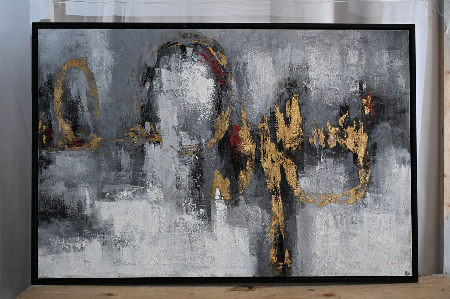 Ferris Wheel Abstract Canvas Painting Gray Gold Framed Art 41"x61"