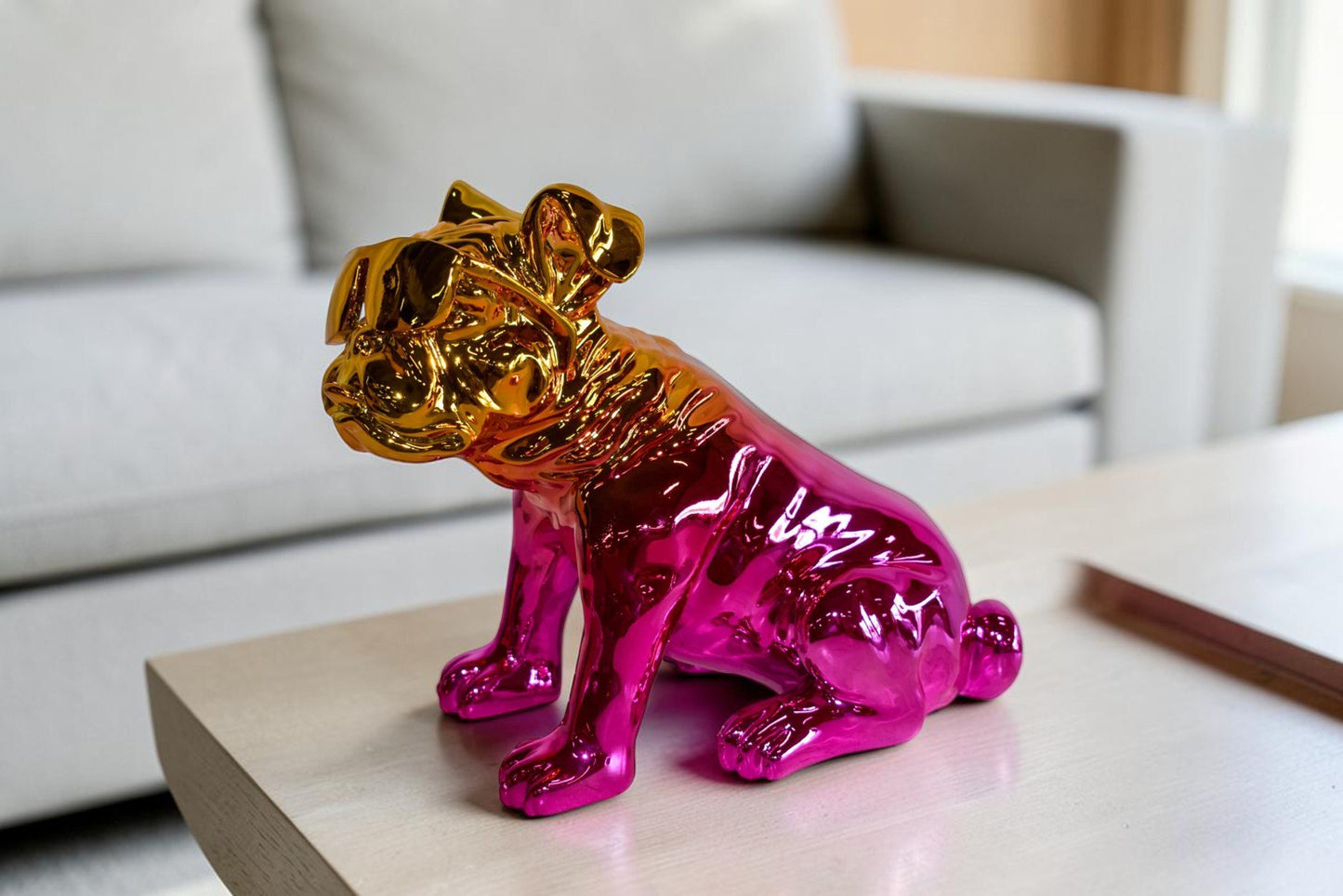 Ombre Pink Chrome Colored Bulldog Resin Statue 16" x 9" x 13"H