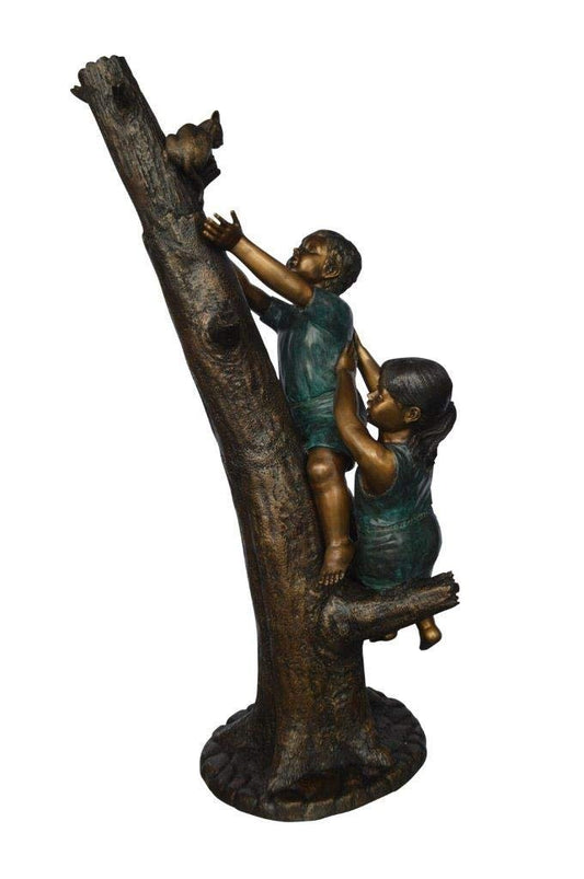 Children reaching up tree for a cat bronze statue -  Size: 24"L x 21"W x 64"H.