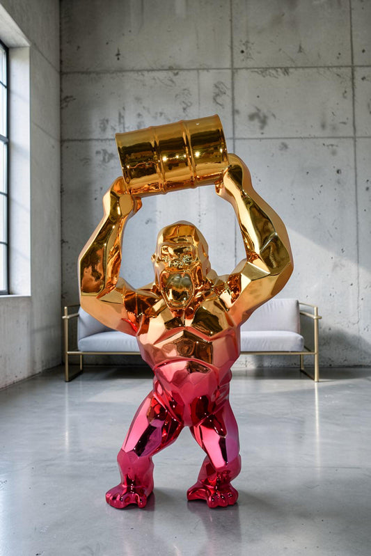 Textile Red and Gold King Kong with A Barrell Statue  Size: 14" x 7" x 24"H