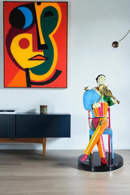 NIFAO Picasso Style Bronze Violinist Statue Colorful Musician Décor 15" x 14" x 28"H