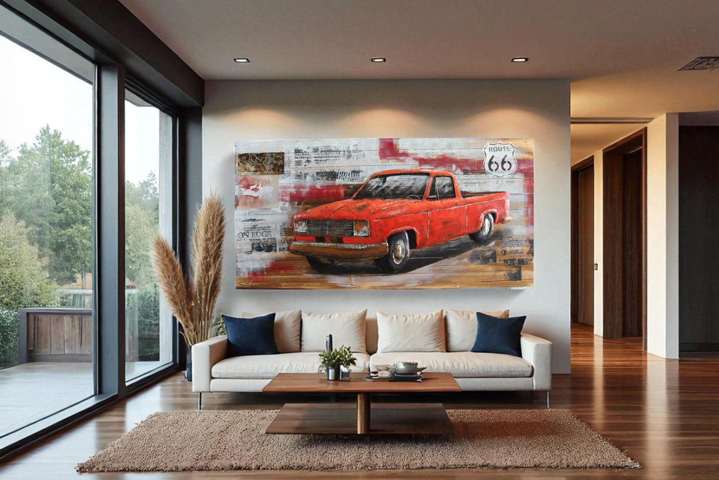 NIFAO Vintage Red Pickup Truck Painting on Wood with Raised Metal Accents 79" x 2" x 40"H