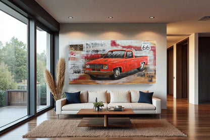 NIFAO Vintage Red Pickup Truck Painting on Wood with Raised Metal Accents 79" x 2" x 40"H