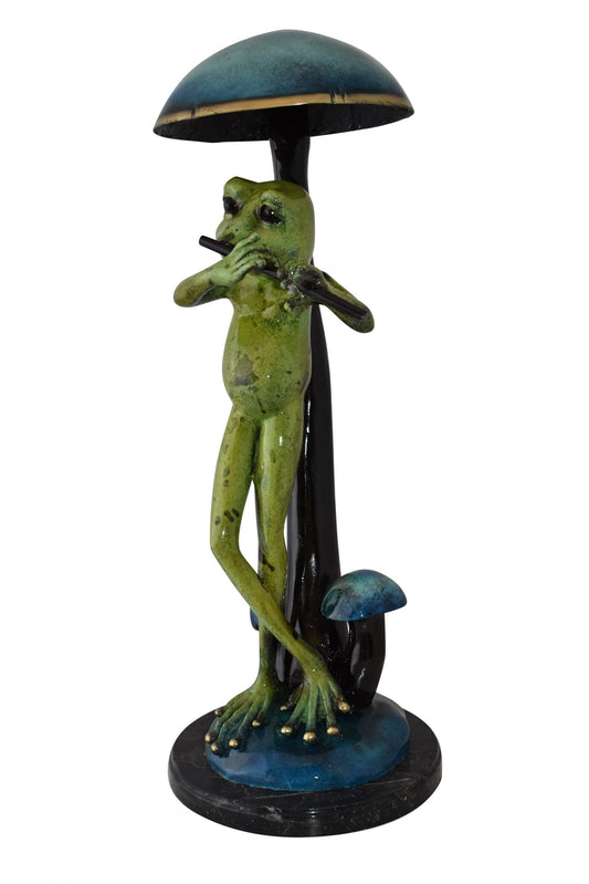 Musical Green Frog Playing the Flute Bronze Statue Size: 14" x 12" x 27"H