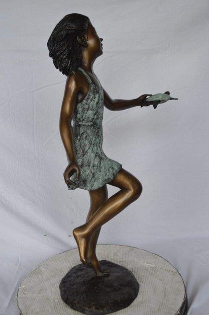Girl holding turtle bronze fountain statue -  Size: 26"L x 19"W x 37"H.