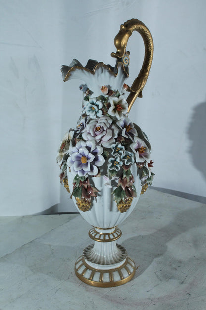 Porcelain Floral Ewer vase Ornate Handle 10"x7"x22"H
