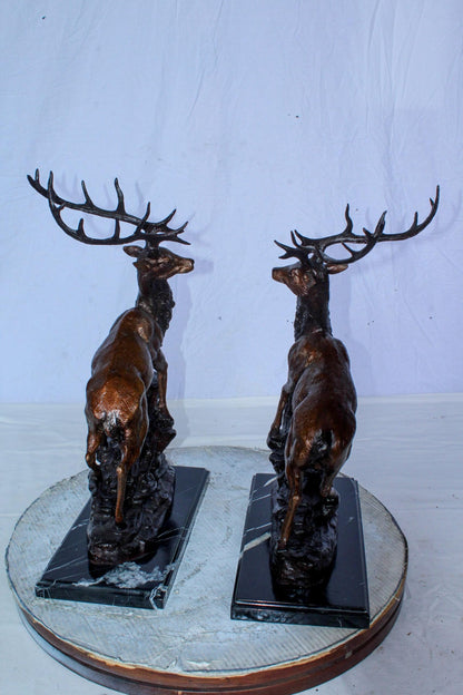 Bronze Pair of Deer Statues on Marble Base Lost Wax Method 15" x 10" x 21"H