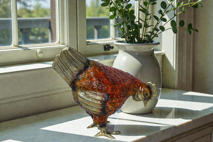 Nifao Bronze Chicken Figurine – Red Enamel Farmhouse Sculpture with Gold-Toned Wings & Tail – Handcrafted Lost Wax Casting – Rustic Kitchen & Country Home Decor Collectible 8" x 4" x 7"H