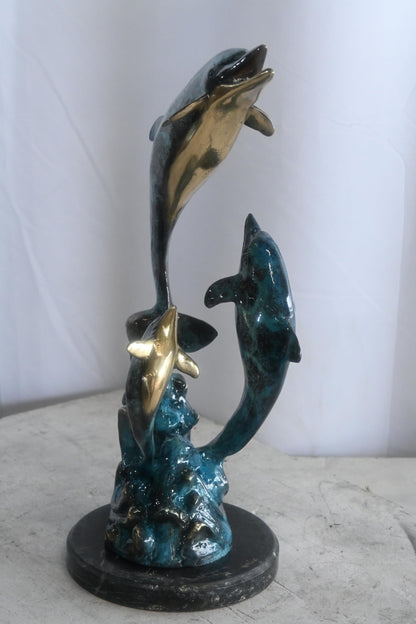 Three Leaping Dolphins on Waves Bronze Sculpture 10"x9"x19"H