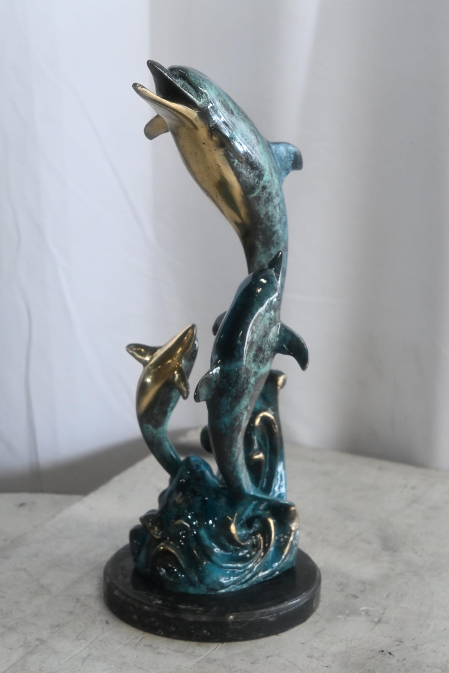 Three Leaping Dolphins on Waves Bronze Sculpture 10"x9"x19"H