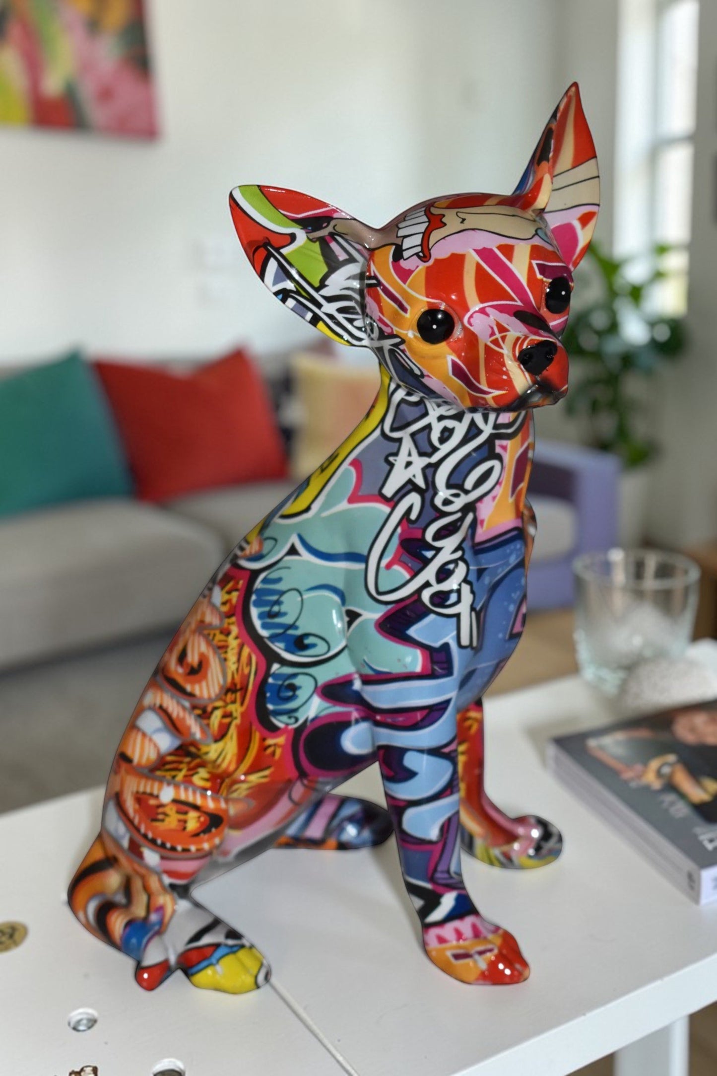 Modern Art Graffiti Sitting Chihuahua Statue Made of Resin Size: 8" x 5" x 10"H