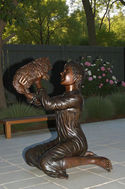 Girl Playing With Her Little Dog Bronze Statue -  Size: 22"L x 22"W x 30"H.