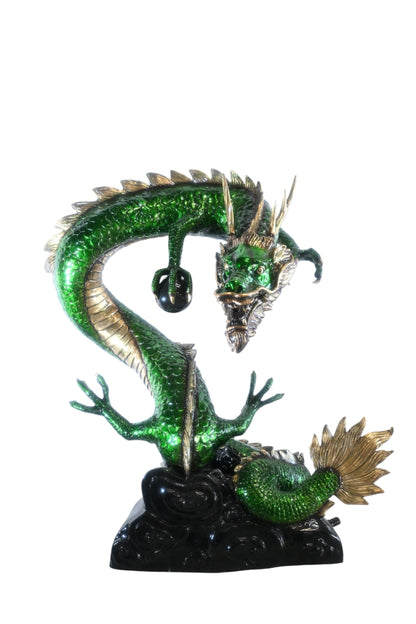 Green Bronze Dragon Fountain Statue with Pearl Sphere 30"x20"x38"H