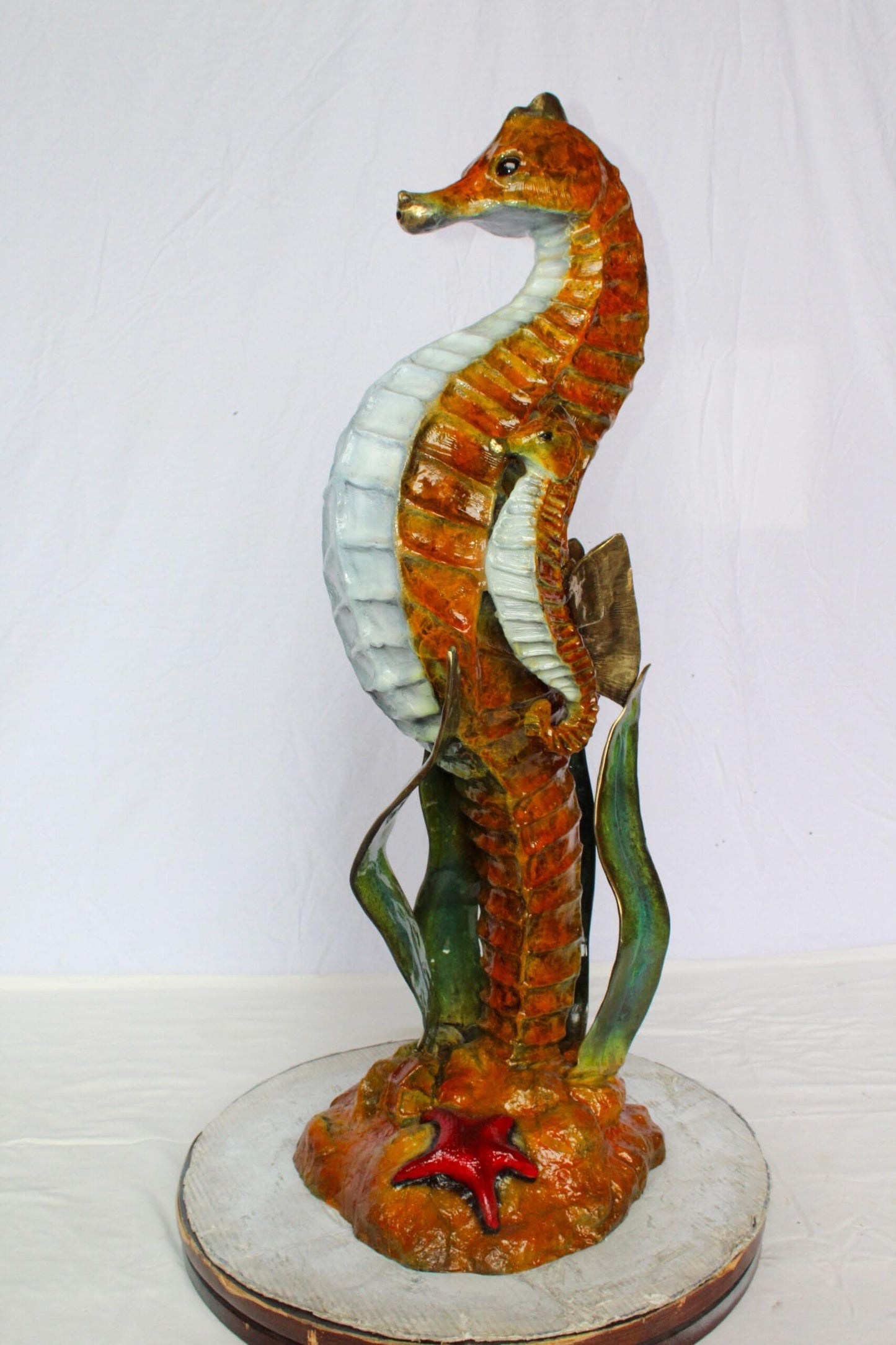 Nifao Bronze Seahorse with Baby Sculpture – Handcrafted Lost Wax Cast Ocean Life Statue with Seagrass & Starfish Details – Rich Patina & Polished Accents Coastal Marine Decor -16" x 14" x 43"H