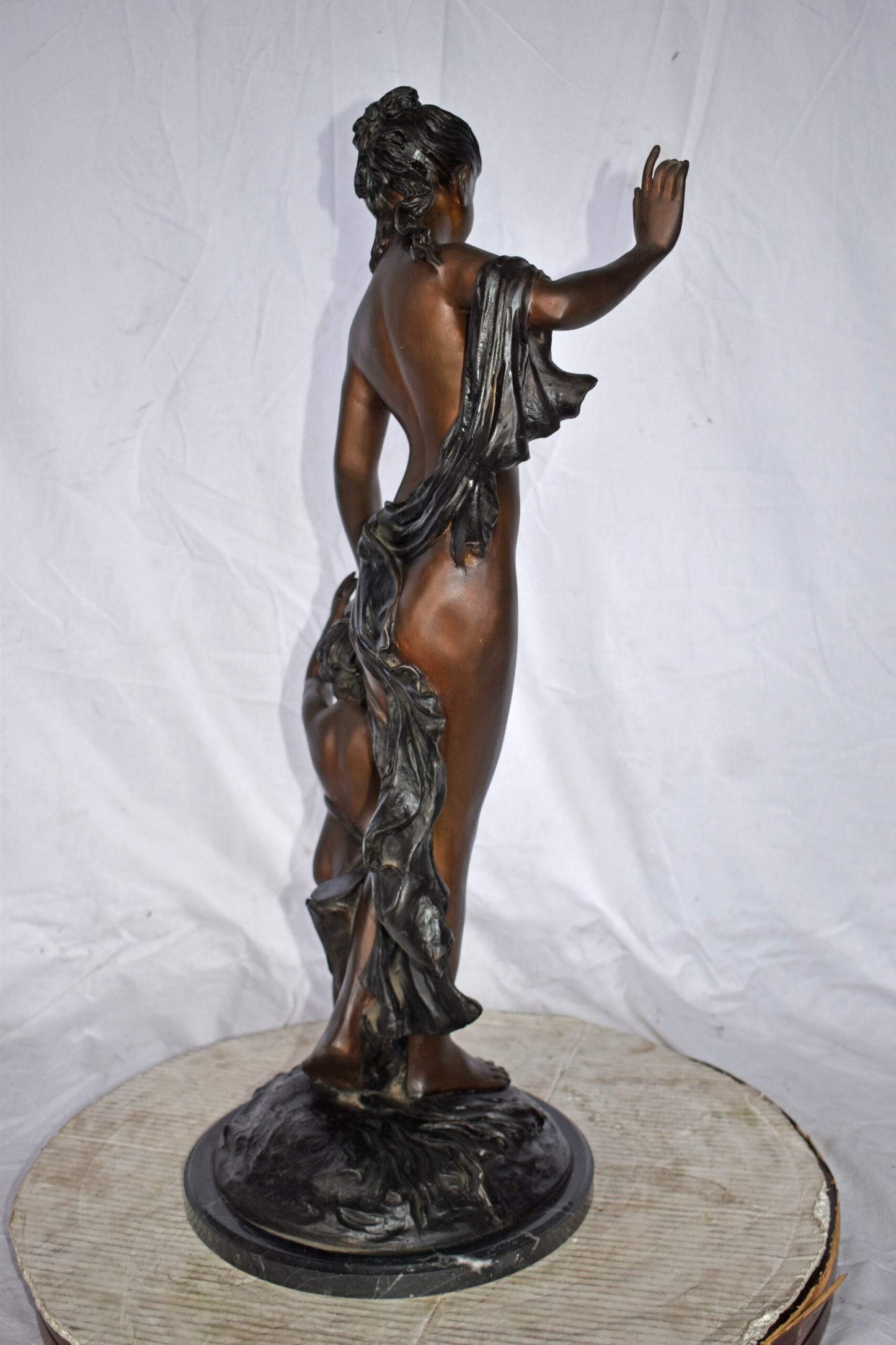 Nude Mother Watching Out for Her Son Bronze Statue Art Nude 15"L x 12"W x 32"H.