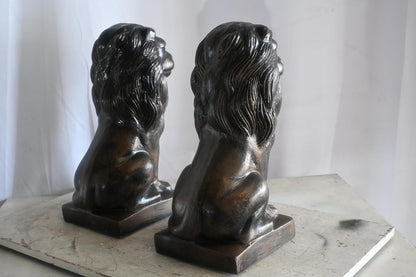 Pair of Aluminum Sitting Lion Statues Bronze Finish 19In 17"x12"x19"H