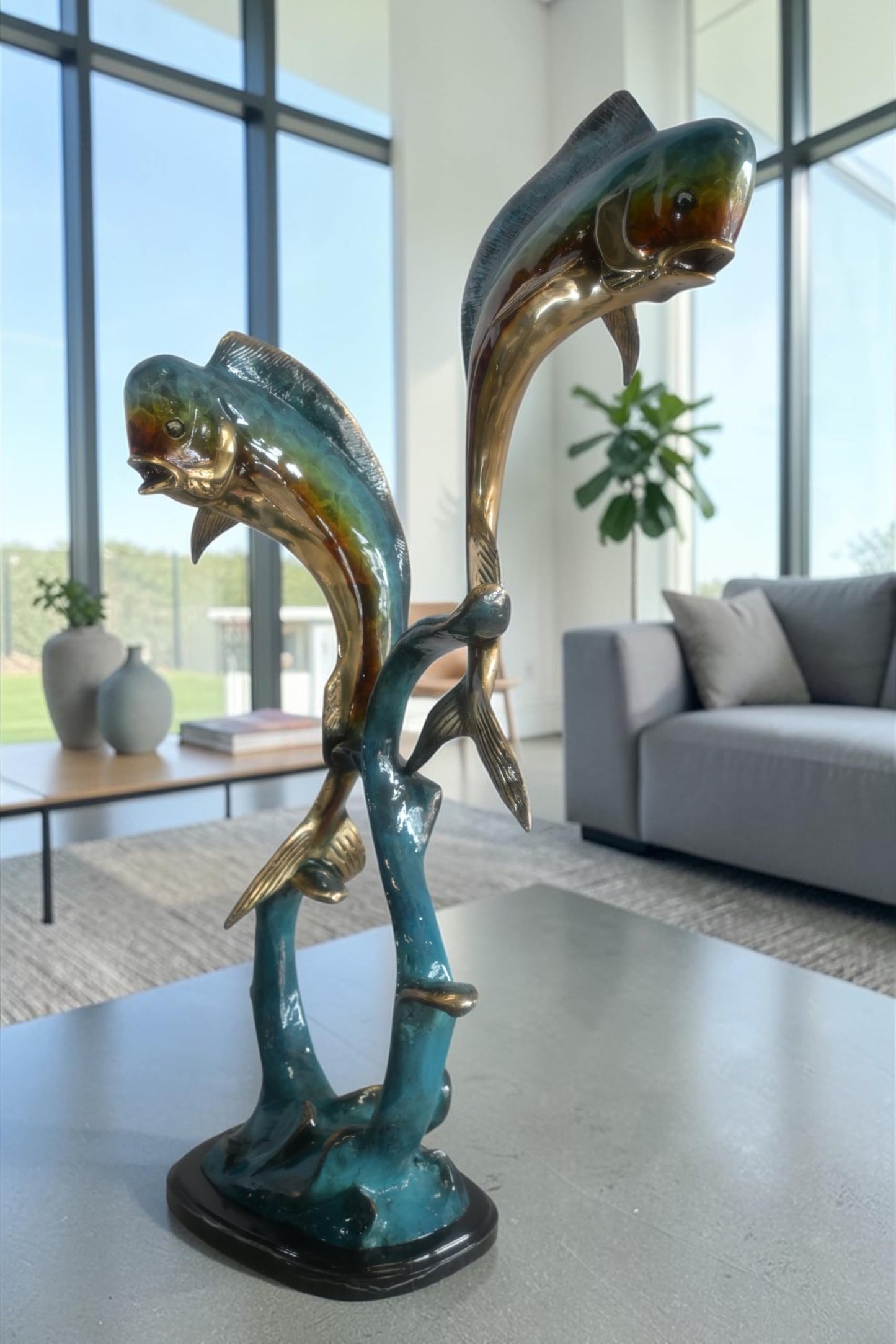 Bronze Dual Mahi Mahi Fish Sculpture on Wave Marble Base 19"x12"x35"H