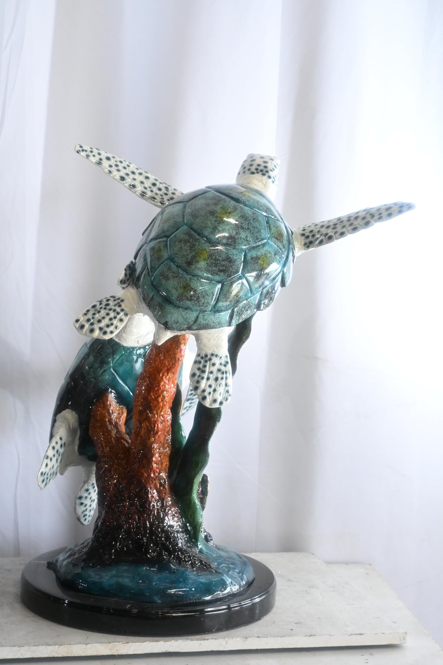 Two Sea Turtles on Coral Reef Bronze Sculpture Teal 17"x18"x33"H