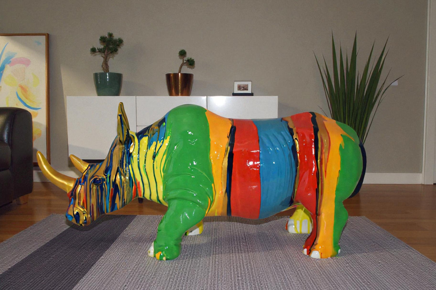 Multicolor Striped Rhino Resin Statue Size: 20" x 6" x 9"H