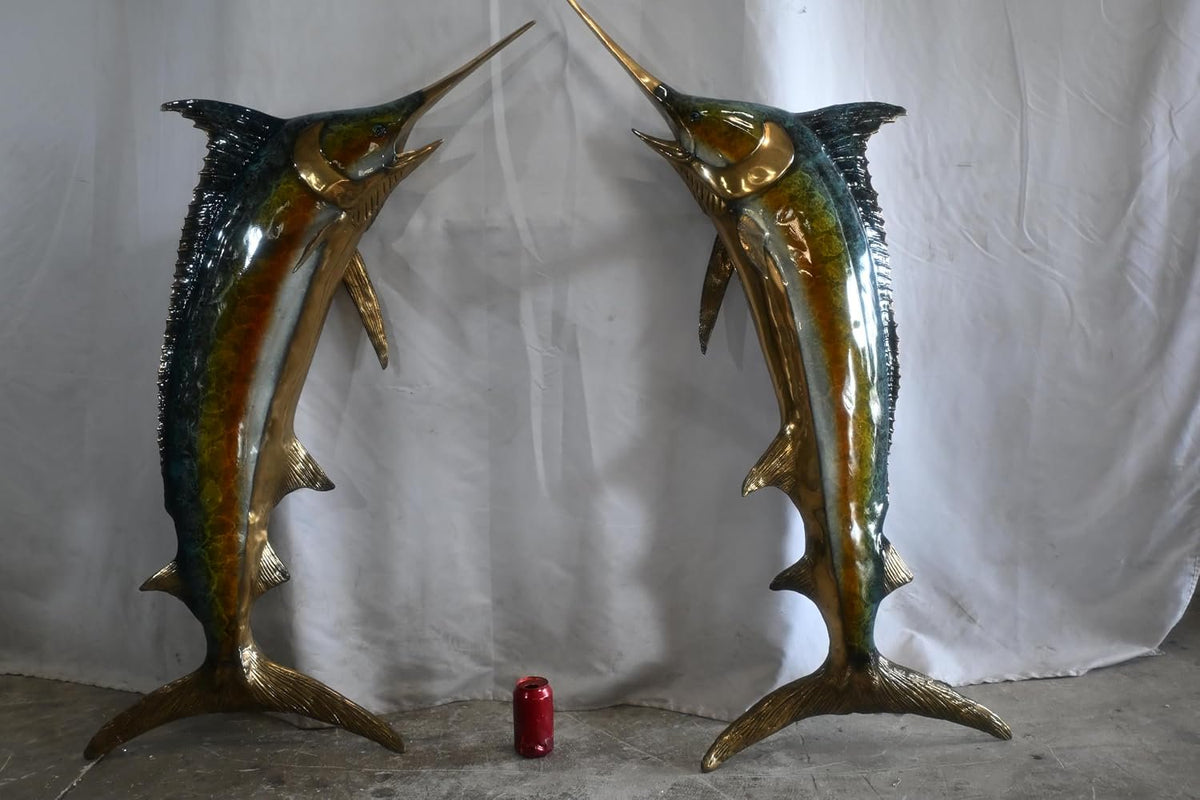 Pair of Bronze Marlin Wall Sculptures Coastal Fish Decor 56"x24"x13"H