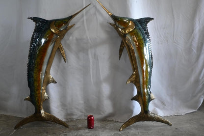 Pair of Bronze Marlin Wall Sculptures Coastal Fish Decor 56"x24"x13"H