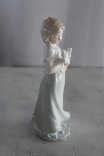 Porcelain Girl with White Doves and Flower Basket Statue 6"x4"x12"H