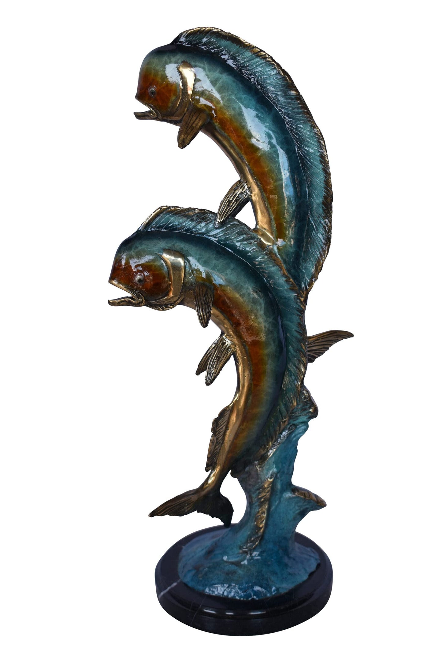Two Dorado, Mahi Mahi Bronze Statue on Marble Base - Size: 9"L x 9"W x 22"H.