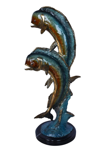 Two Dorado, Mahi Mahi Bronze Statue on Marble Base - Size: 9"L x 9"W x 22"H.