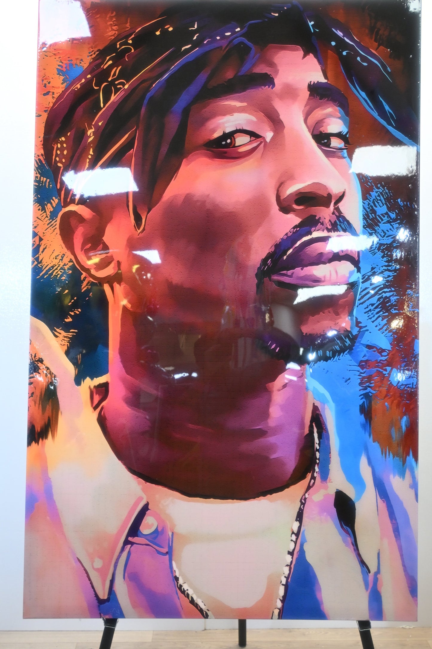 Tupac Shakur Colorful Portrait Resin Covered Canvas 40"x64"