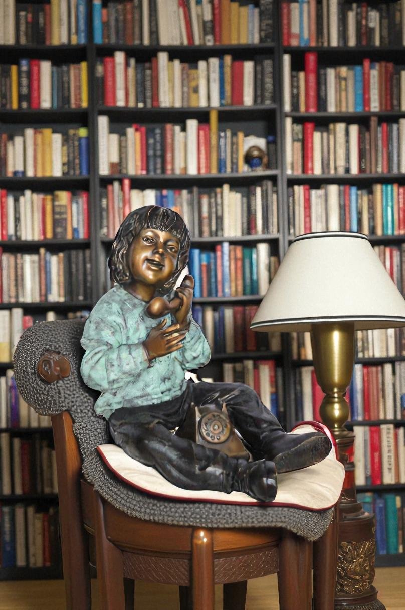 Young Child With an Old Telephone Bronze Statue -  Size: 21"L x 14"W x 19"H.