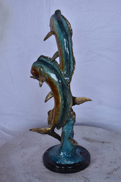Two Dorado, Mahi Mahi Bronze Statue on Marble Base - Size: 9"L x 9"W x 22"H.