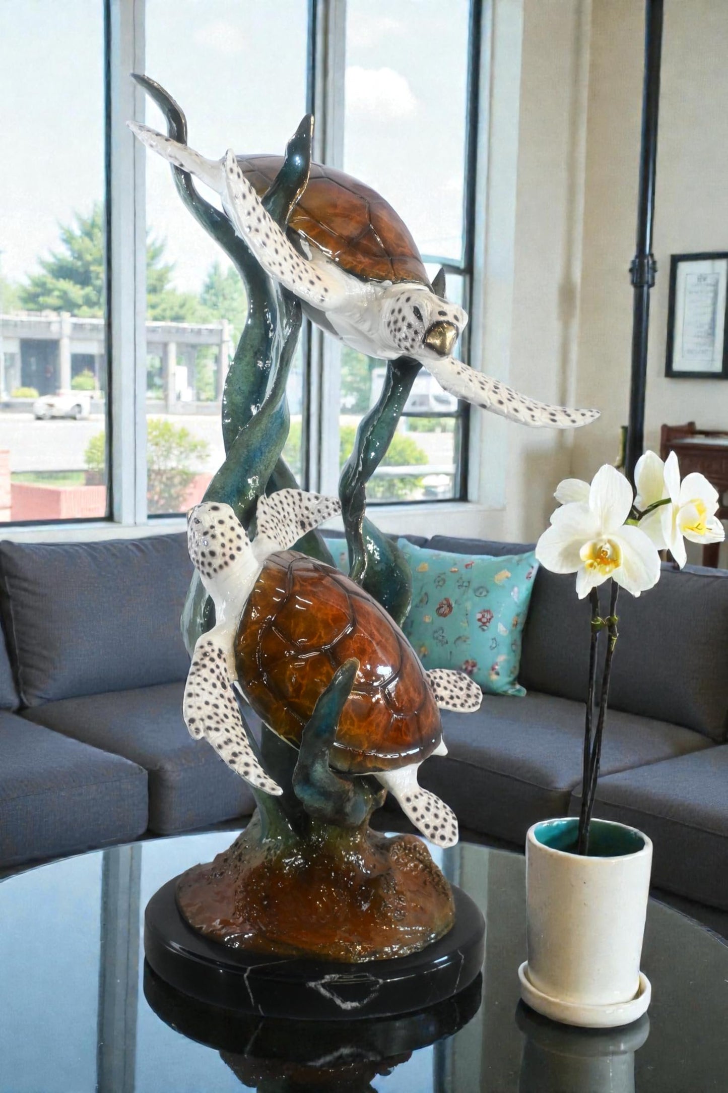 Two Sea Turtles Swimming on Kelp Bronze Sculpture 17"x18"x33"H