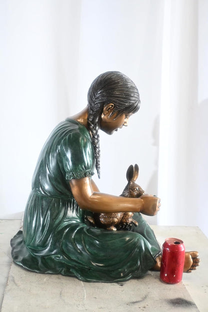 Bronze Braided Girl Feeding Rabbit Green Dress Sculpture 24"x20"x24"H